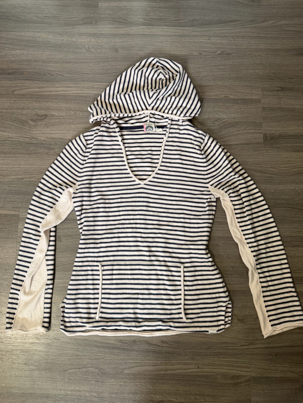 Y2K Roxy Navy and Cream Striped Long Sleeve Hooded Shirt